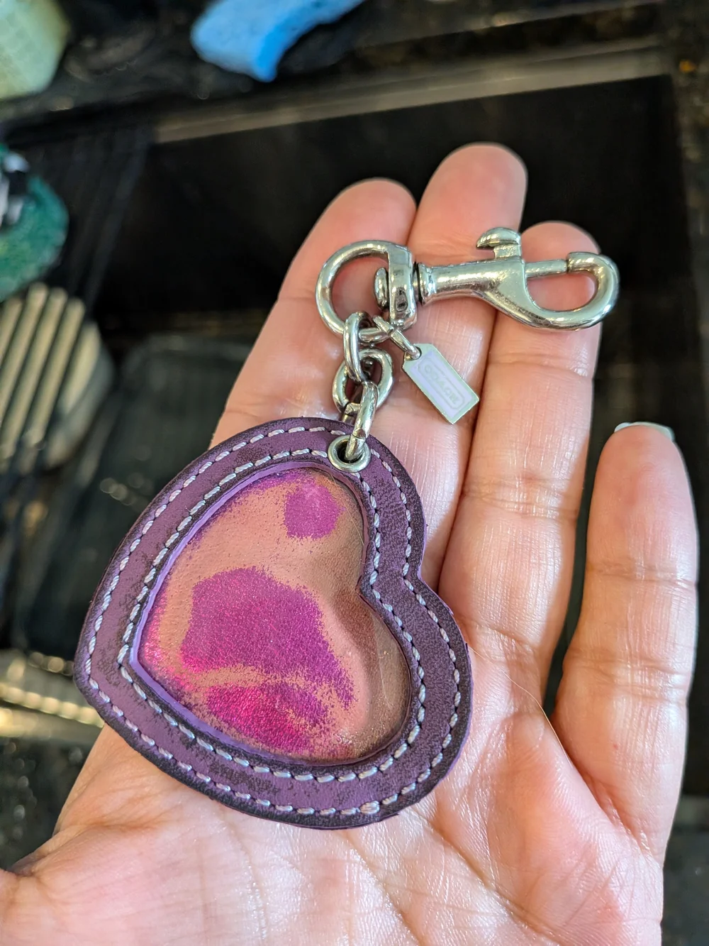 Coach Purple Heart Leather Keychain Charm
